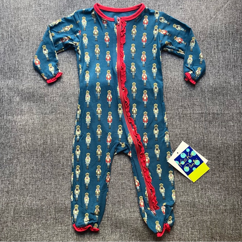 NWT Kickee Pants Muffin Ruffle Coverall 2 Way Zipper Peacock Nutcrackers 3-6M